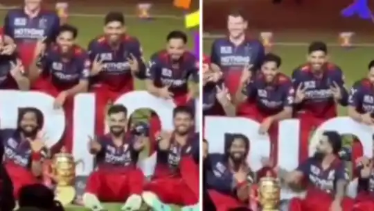 Krunal Pandya showing five fingers five trophies gesture with Virat Kohli reacting hilariously during RCB IPL 2026 Final celebration