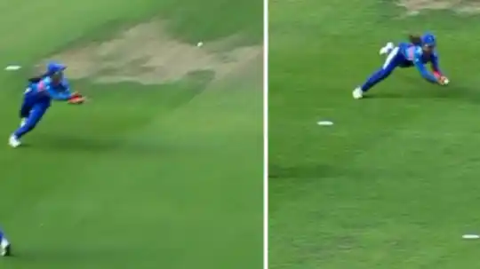 Shreyanka Patil flying completely airborne to take brilliant low diving catch at backward point dismissing Rameen Shamim Women T20 World Cup 2026