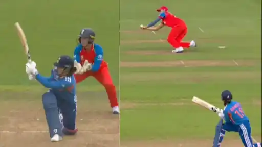 Tilly Corteen-Coleman hangs on brilliantly to take a stunning catch and dismiss Smriti Mandhana during IND-W vs ENG-W ICC T20 World Cup 2026 warm-up match