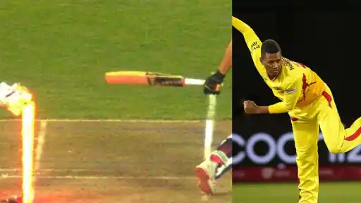 Akeal Hosein bowls and shatters the stumps during his hat-trick for Texas Super Kings against Washington Freedom in MLC 2026