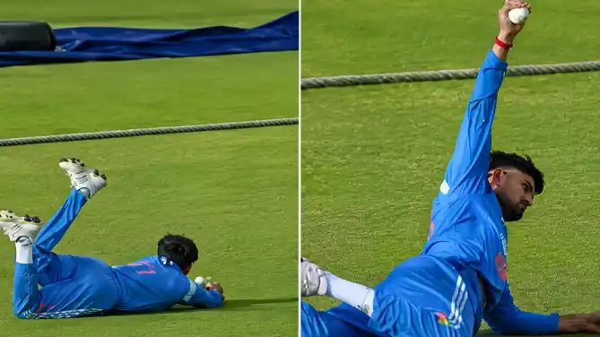 Ashok Sharma dives full-stretch and holds up the ball after taking a one-handed catch to dismiss Mohammad Ishaq in the IND A vs AFG A Tri Series 2026