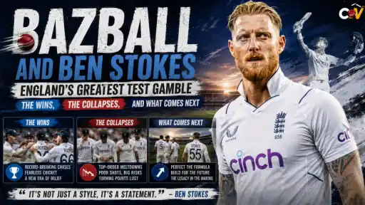Ben Stokes celebrates with England teammates during a Bazball-era Test match, symbolizing England's aggressive Test cricket approach since 2022