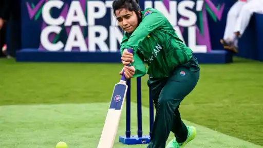 Fatima Sana in Pakistan's green jersey at the ICC Captains' Carnival — the fast bowler who rose from tape-ball cricket to become her team's captain