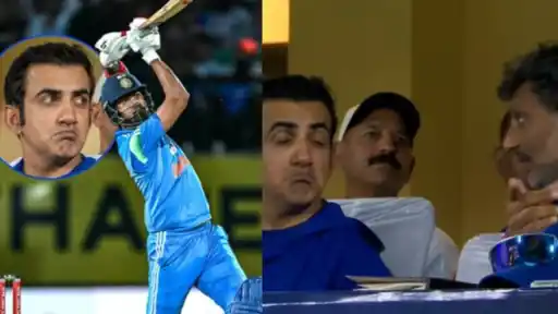 Gautam Gambhir with a deadpan expression in the dugout as KL Rahul plays a sublime cover six during IND vs AFG 1st ODI 2026