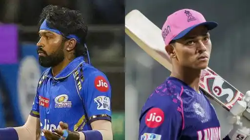 Hardik Pandya in Mumbai Indians jersey and Yashasvi Jaiswal in Rajasthan Royals jersey, as reports suggest a possible swap trade ahead of IPL 2027