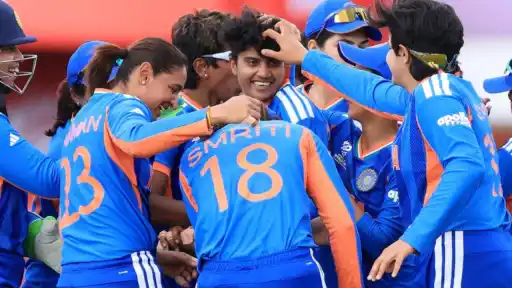 India Women's cricket team players celebrate together during Women's T20 World Cup 2026, as Harmanpreet Kaur's side eye semi-final qualification after South Africa loss