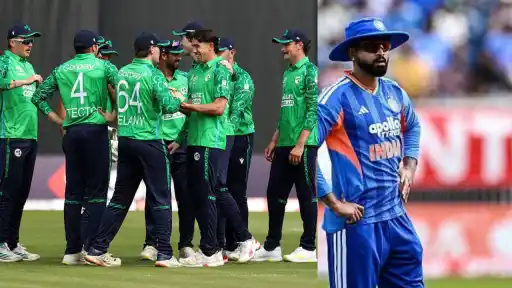 Ireland players celebrating their historic first T20I win as an India player stands dejected — IRE vs IND 1st T20I Belfast 2026