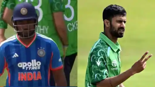 Jai Moondra signals two wickets after a double-wicket over against India in the IRE vs IND 2nd T20I 2026