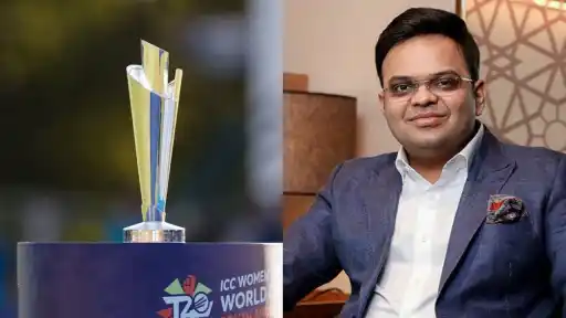 ICC Women's T20 World Cup trophy alongside ICC Chairman Jay Shah, who hailed the tournament's record-breaking opening weekend