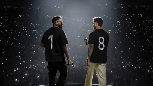 Karan Aujla and Virat Kohli stand on stage with their backs to the camera, wearing jerseys numbered 1 and 8, teasing the One8 Global Premiere