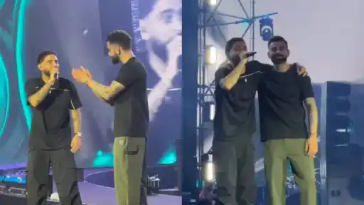 Karan Aujla performs 'Winning Speech' on stage as Virat Kohli claps and embraces him at the One8 Global Premiere in Delhi