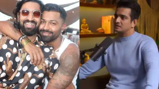 Krunal Pandya posing with Hardik Pandya alongside a podcast host discussing their rift rumors