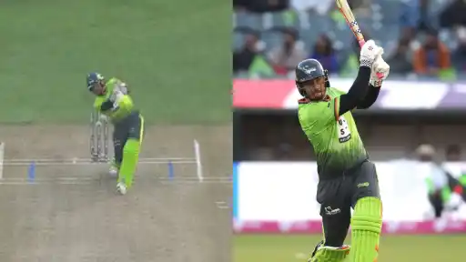 Marcus Stoinis hitting five sixes in a single over against Ian Holland during MLC 2026 โ collage of his six-hitting shots in green kit