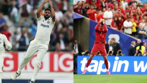 Mohammed Siraj performing his bowling celebration alongside Cristiano Ronaldo's signature "siu" celebration at the FIFA World Cup