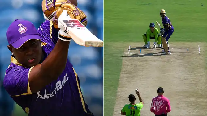Rovman Powell follows through on a big shot for LA Knight Riders, with a split image showing him batting against Seattle Orcas during his five-six over in MLC 2026