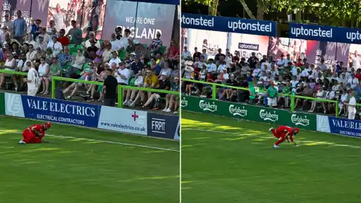 Lancashire fielder taking a diving catch near the boundary rope during a T20 Blast 2026 match
