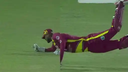 Shai Hope diving full length to his left to complete a stunning one-handed catch to dismiss Pavan Rathnayake during WI vs SL 2nd T20I 2026