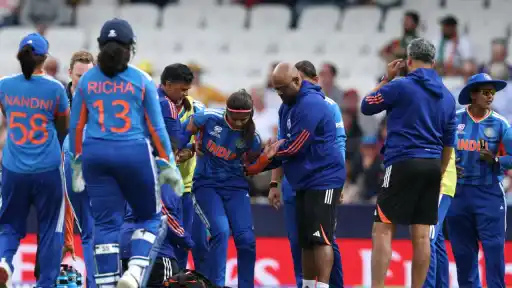 Shreyanka Patil receives medical assistance after sustaining an injury during a Women's T20 World Cup 2026 match