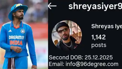 Shreyas Iyer in India jersey next to his Instagram bio showing Second DOB 25.12.2025