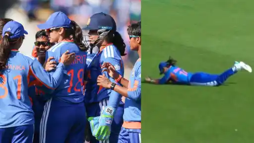 Smriti Mandhana diving full length to take a stunning catch as India Women celebrate in IND vs PAK Women's T20 World Cup 2026
