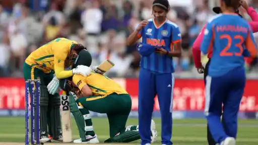 South Africa players celebrate after beating India in ICC Women's T20 World Cup 2026 group stage match