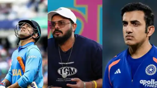 MS Dhoni in India jersey, S Sreesanth on a TV panel, and Gautam Gambhir in India coaching kit โ Sreesanth says "Gambhir hatao, Dhoni ko lao"