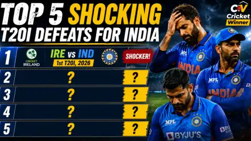Top 5 most shocking T20I defeats for India countdown graphic, featuring Ireland's historic win over India in 2026