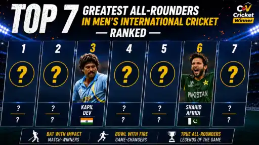Ranked list graphic of the top 7 greatest all-rounders in men's international cricket, featuring Kapil Dev and Shahid Afridi