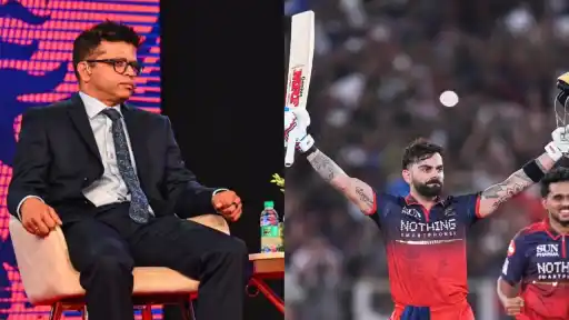 RCB CEO speaking at an event alongside Virat Kohli celebrating with bat raised after winning IPL 2026 title with Royal Challengers Bengaluru