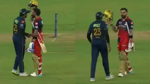 Virat Kohli faces Sai Sudharsan mid-pitch in a heated confrontation — the viral two-panel moment from the RCB vs GT IPL 2026 Final that divided fans online