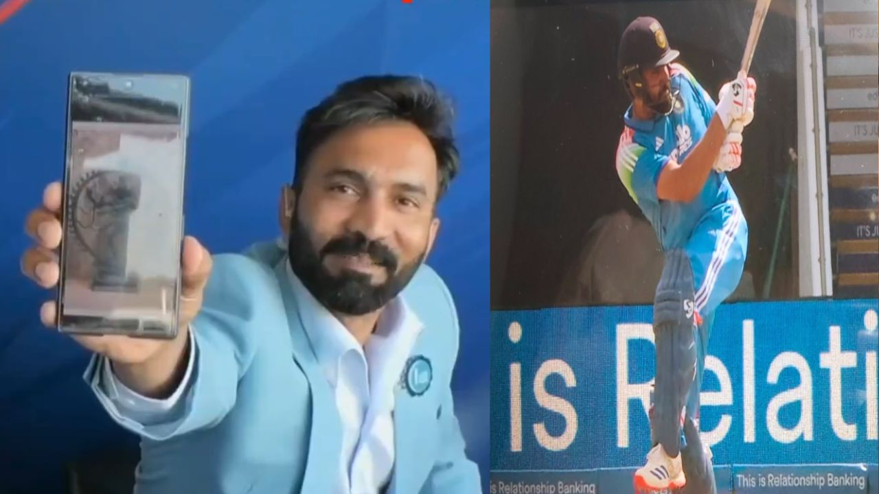 Karthik shows Nataraj pose on phone after Rohit's shot