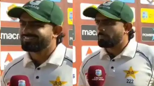 Babar Azam pictured during WI vs PAK 1st Test where his English slip-up went viral despite receiving speaking coaching.