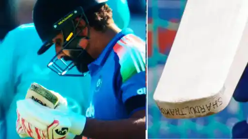 Rohit Sharma during his historic 138-run knock at Lord's, amid viral claims he batted with a bat borrowed from teammate Shardul Thakur.