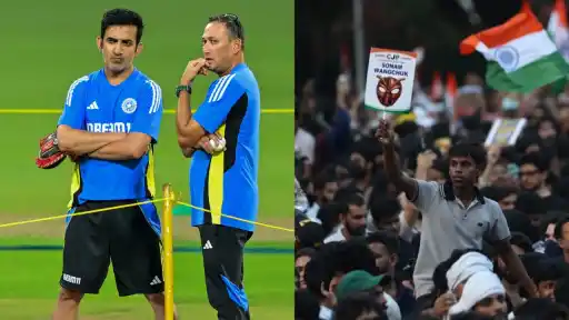 Protesters raise slogans demanding Gautam Gambhir's removal as India's head coach during a CJP protest before Dharmendra Pradhan in Delhi.