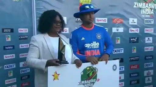 Vaibhav Sooryavanshi celebrates Player of the Match award at 15 years old in ZIM vs IND 3rd T20I