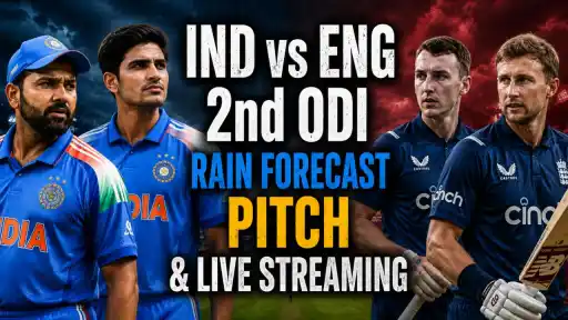 Weather and pitch report graphic for India vs England 2nd ODI at Sophia Gardens, Cardiff, as India chase a series-clinching win