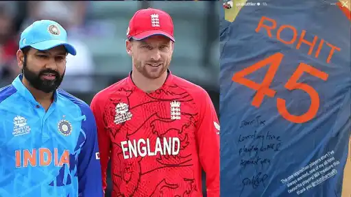 Jos Buttler thanking Rohit Sharma for gifting his signed jersey after the IND vs ENG ODI series