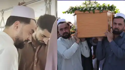 Rashid Khan and Mohammad Nabi carry Shapoor Zadran's coffin as Afghanistan players break down in tears at his funeral in Kabul