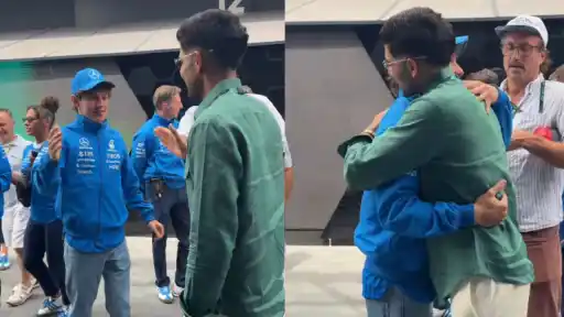 Shubman Gill poses with Mercedes driver and F1 2026 championship leader Kimi Antonelli at Silverstone during the British Grand Prix weekend, ahead of Team India's ODI series against England.
