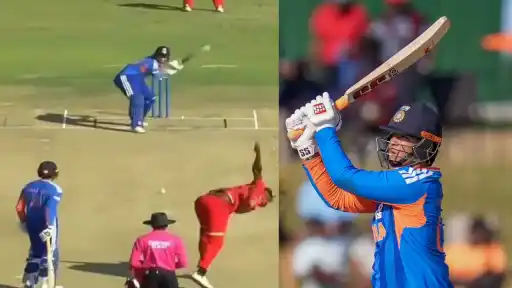 Vaibhav Sooryavanshi smashes Richard Ngarava for two towering sixes during a 20-run over in the ZIM vs IND 1st T20I at Harare Sports Club, on his way to a maiden international fifty off 18 balls.