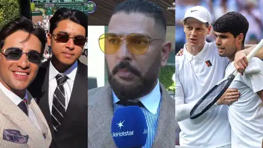 Yuvraj Singh with Vaibhav Sooryavanshi and Abhishek Sharma at Wimbledon 2026 final, Centre Court