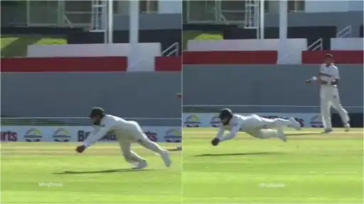 Babar Azam dives full-length to complete a stunning low catch to dismiss Justin Greaves during the WI vs PAK 1st Test