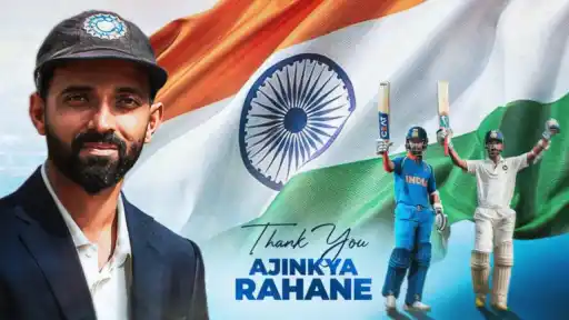 "Thank You Ajinkya Rahane" tribute graphic with the BCCI emblem, Indian flag, and images from his ODI and Test career celebrations