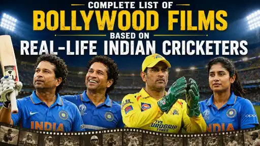 Collage of Bollywood films based on real Indian cricketers — 83, MS Dhoni: The Untold Story, Azhar
