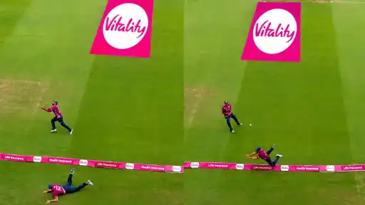 David Willey and Saif Zaib combining for a diving relay catch near the boundary rope in the T20 Blast 2026 semi-final