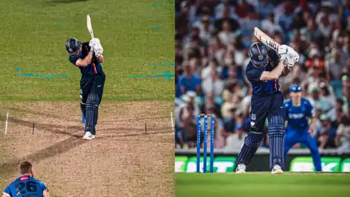 Dewald Brevis mid-shot in London Spirit navy kit, playing his trademark no-look six against MI London at The Oval