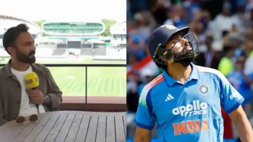Dinesh Karthik speaking pitch-side at Lord's and Rohit Sharma looking skyward during Lord's ODI amid retirement rumors