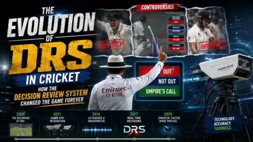 The evolution of DRS in cricket, showing an umpire's review signal, Hawk-Eye camera, and a timeline from 2008 to 2025