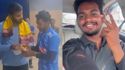 Hardik Pandya gifts cash and Kohli's shoes to fan — split-frame video grab with fan's selfie reaction