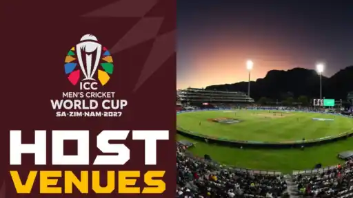 ICC Men's Cricket World Cup 2027 host venues graphic with the tournament logo and a stadium under floodlights in South Africa, Zimbabwe and Namibia